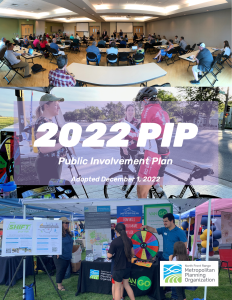 Cover of the 2022 Public Involvement Plan including three photos with NFRMPO staff talking with community members at outreach events.