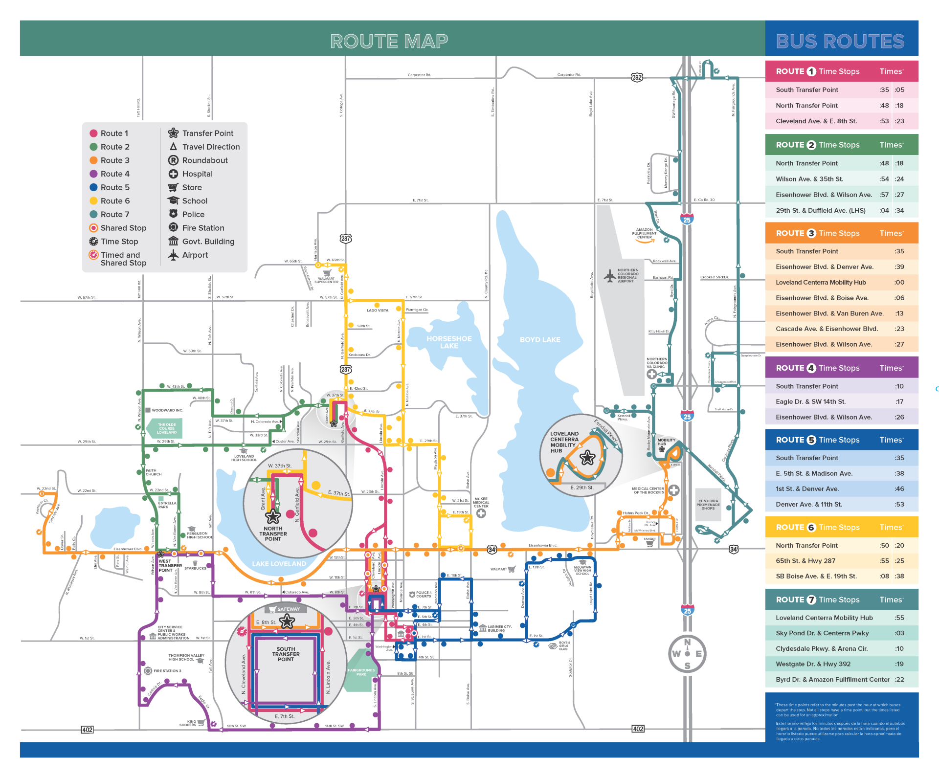 COLT service map showing the 7 transit routes that operate Monday through Saturday in the City of Loveland