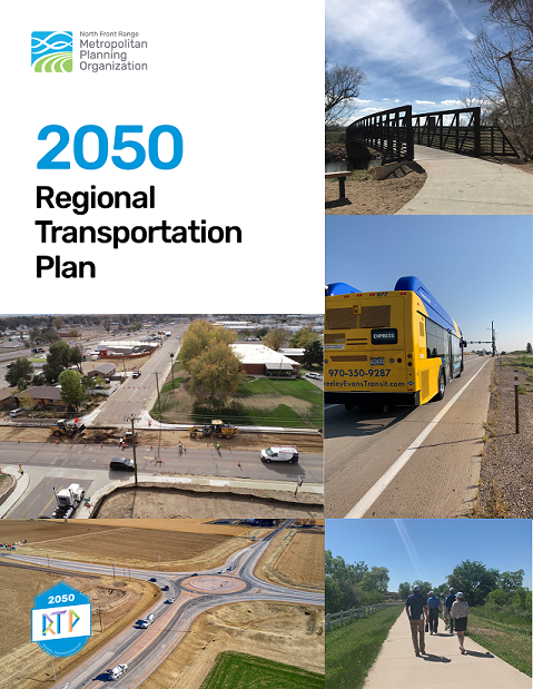 Picture of the cover of the 2050 Regional Transportation Plan, with pictures of transportation