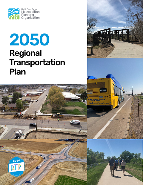 Picture of the cover of the 2050 Regional Transportation Plan, with pictures of various transportation modes