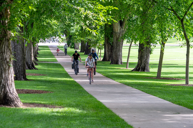 Cyclists biking down path