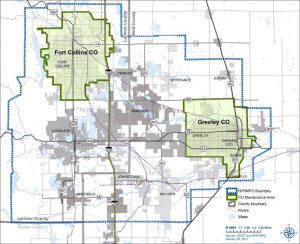 Map of carbon monoxide maintenance areas in Fort Collins and Greeley