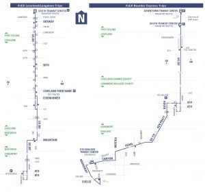 FLEX Route Map showing the different operating services, including the FLEX Local to Loveland, Berthoud, and Longmont, and the FLEX Express to Loveland, Longmont, and Boulder