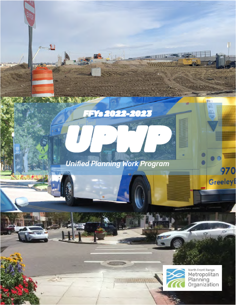 Cover of FY2022-23 UPWP with pictures of a bus, construction, and intersection