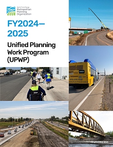 Cover of FY2022-23 UPWP with pictures of a bus, construction, and intersection