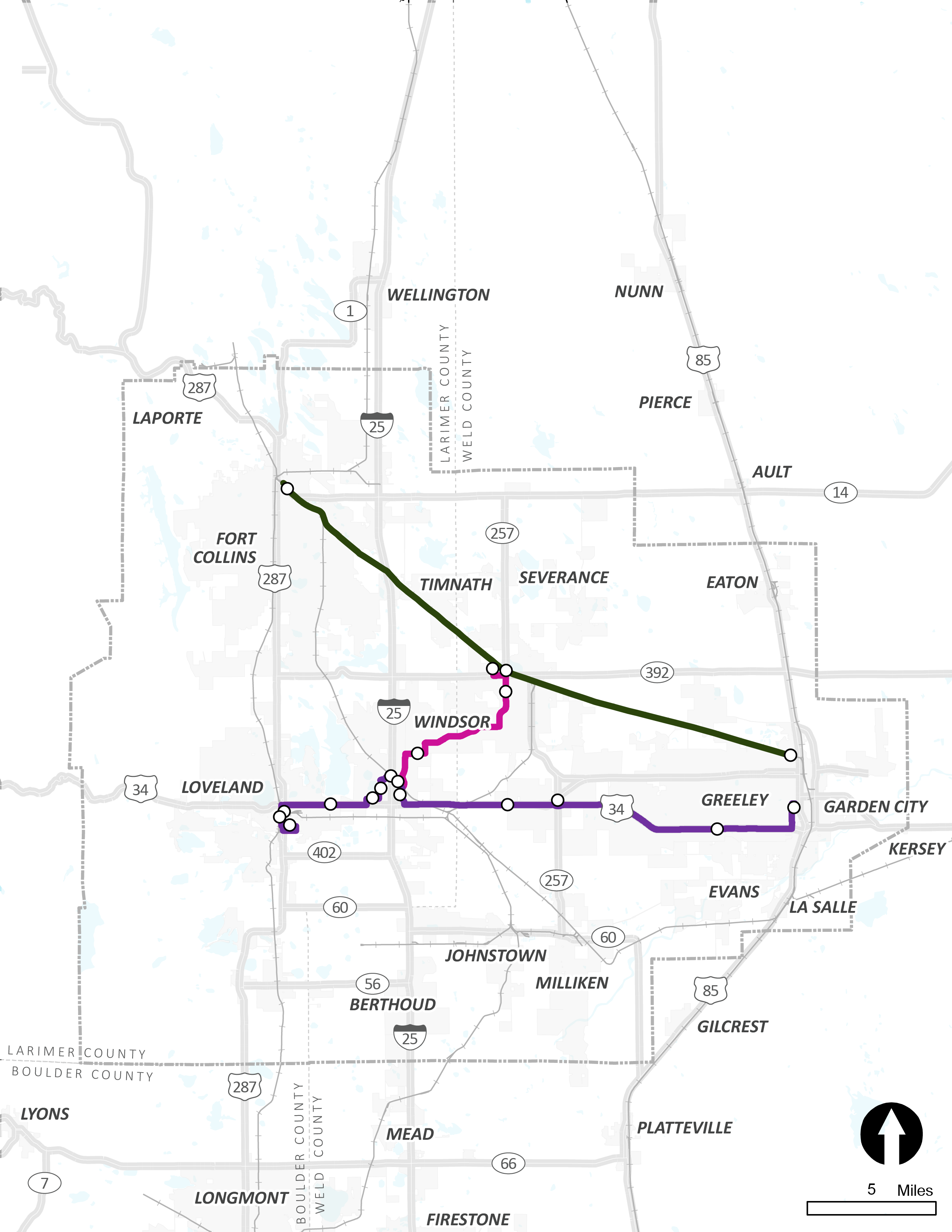 Proposed transit corridors on US34, Loveland to Windsor, and Fort Collins to Greeley