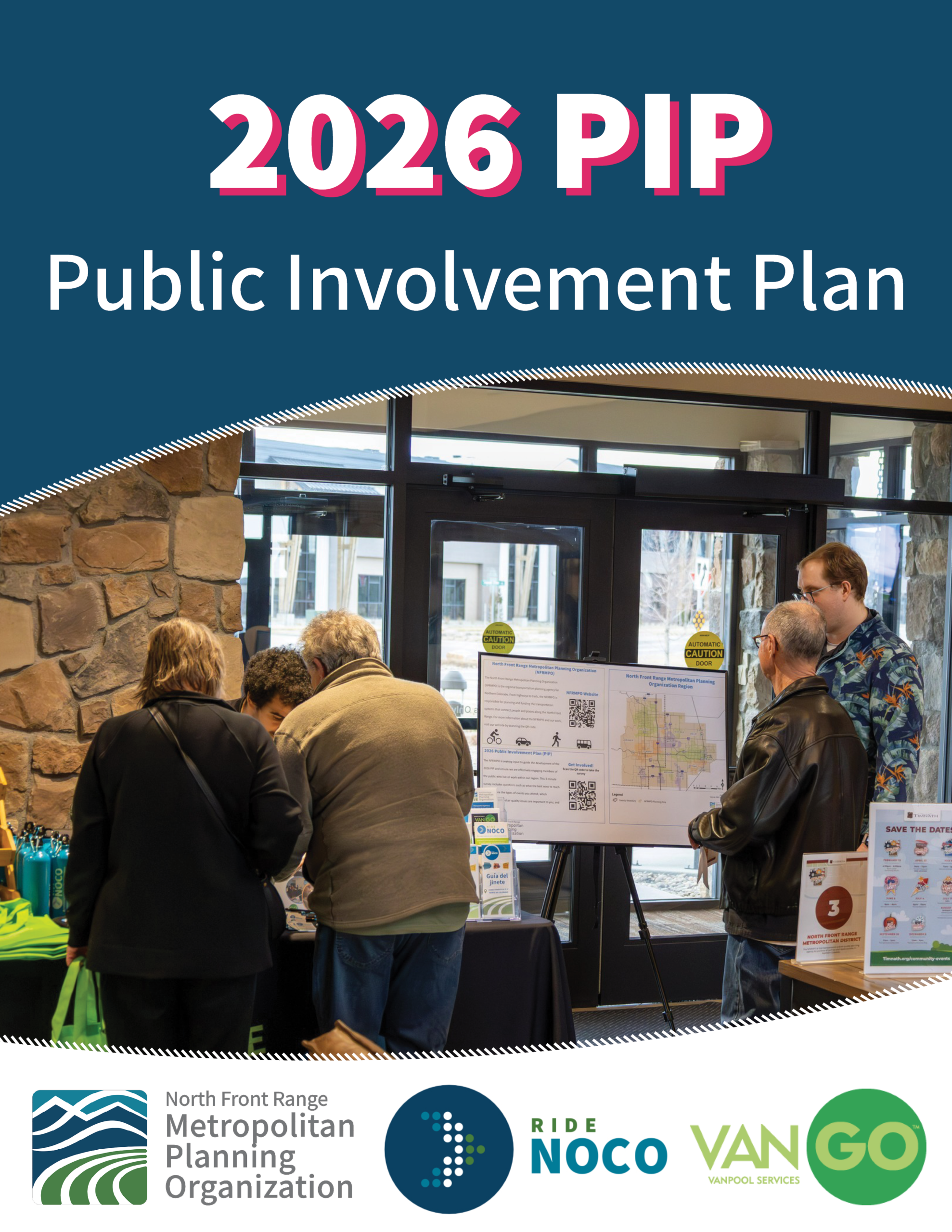 Cover of the 2026 Public Involvement Plan including a photo of two staff members talking to members of the public at an outreach event