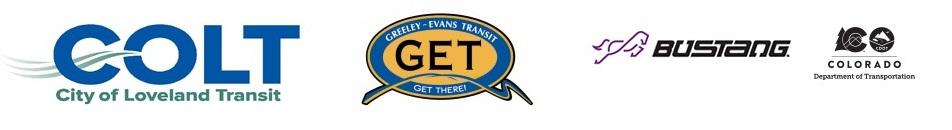 Logos of City of Loveland Transit, Greeley Evans Transit, and CDOT Bustang